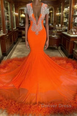 Gorgeous Orange Long Mermaid Tassel V-neck Prom Dresses with Sleeves