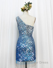 Gorgeous Sparkly Sequin One Shoulder Tight Homecoming Dresses With Fringe