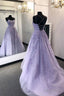 Lilac Lace Applique Back Open with Train Bridal Prom Dresses