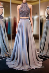 Gray Two Piece Long Prom Dresses with Sparkly Beading