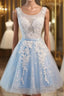 Light Blue Tulle Lace Applique Short Homecoming Dresses with Straps