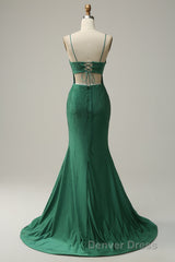 Mermaid Spaghettti Straps Dark Green Sequins Long Prom Dresses with Split Front