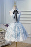 Halter Light Sky Blue Lace Appliques Homecoming Dress With Lace Up Cocktail Dresses