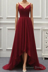 A Line High Low Tulle Prom Dresses with Train, Burgundy V Neck Backless Formal Dresses