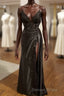 Black V Neckline Straps Tulle With Lace Prom Dress, A Line Black Prom Dress