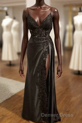 Black V-Neckline Straps Tulle With Lace Party Dresses, A-Line Black Evening Dresses Prom Dresses