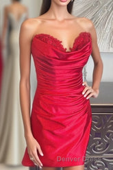 Hunter Green Strapless Beaded Pleated Sheath Homecoming Dresses