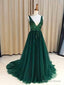 Hunter Green V-neck Long Formal Tulle Low Back Prom Dress