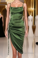 New Satin Green Prom Dresses Spaghetti Strap Party Evening Dresses