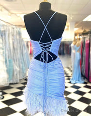 Light Blue Spaghetti Straps Tight Homecoming Dress With Feather
