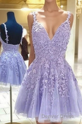 Lilac A-Line Spaghetti Straps Homecoming Dresses With Appliques