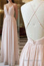 Simple V Neck Zipper Back Floor Length Pink Chiffon Long Elegant Bridesmaid Dresses