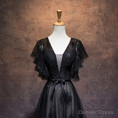 Modest Black Long A-line V-neck Black Prom Dresses Chic Party Dresses