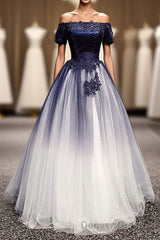 Modest Royal Blue Long Flowy Evening Prom Dresses With Lace Appliques