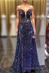 Chic Long Strapless Sparkly Tight Prom Dresses Formal Party Dresses