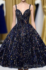 Glitter Spaghetti Straps Cute Short Prom Dresses Tight Tea Length Homecoming Dresses