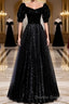 Modest Sparkly Black Long A Line Prom Dresses With Sleeves Prom Gown