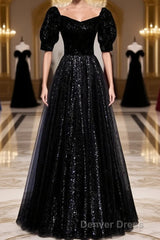 Modest Sparkly Black Long A-line Prom Dresses With Sleeves Evening Gowns