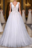 Flowy A Line Long V Neck Lace Tulle Beach Wedding Dresses Bridal Gown