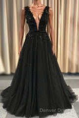 Formal Deep V-neck Long Black Party Prom Dresses With Lace Appliques