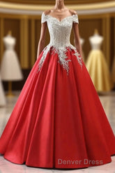 Modest Red Cap Sleeves Ball Gowns Lace Satin Prom Dresses Evening Dresses