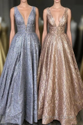 Amazing Unique V-neck Long Prom Dresses Gorgeous Modest Floor Length Party Dresses