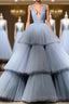 Modest Ball Gowns Long V Neck Light Blue Princess Prom Dress Quinceanera Dresses