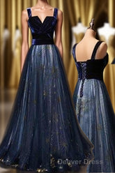 Elegant Long Lace Up Velvet Tulle Prom Dresses Modest Party Gowns