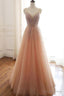 Tulle A Line Lace Up Back Straps Prom Dress Sequins Prom Dresses