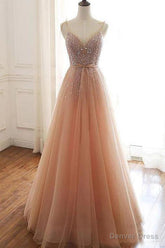 Tulle A-line Lace Up Back Straps Evening Dresses Sequins Prom Dresses