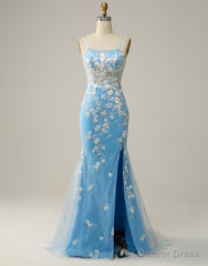 Mermaid Spaghetti Straps Key Hole Back Prom Dress With Split