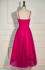 Fuchsia Straps A-line Tulle Tea-Length Prom Dress