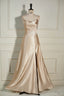 Champagne Cowl Neck Straps A Line Satin Long Dresses with Slit
