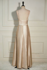 Champagne Cowl Neck Straps A-line Satin Long Dress with Slit