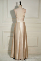 Champagne Cowl Neck Straps A-line Satin Long Dress with Slit