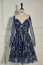 Dark Navy Sequined Long Sleeves A Line Homecoming Dresses