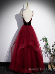 Wine Red Straps Beaded Sweetheart Tulle Formal Dresses, Wine Red A-Line Prom Dresses