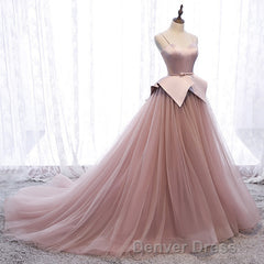 Pink Spaghetti Straps Tulle Long Formal Prom Dresses, Unique Long Wedding Dess
