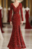 Wine Red Long Sleeves Mermaid Long Prom Dress, Wine Red Prom Dresses