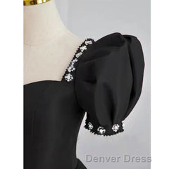 Black Sweetheart Short Sleeves Beaded Party Dresses, A-Line Black Satin Prom Dresses