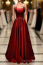 Wine Red Satin Straps Round Neckline Prom Dress, Wine Red Long Prom Dresses