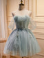 Green Tulle Beaded Short Prom Dress, Cute Off Shoulder Homecoming Dresses