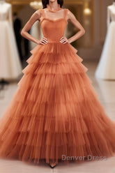 Unique High Neck Tulle Long Prom Dresses, Orange Formal Evening Dresses