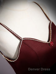 Wine Red Straps Beaded Sweetheart Tulle Formal Dresses, Wine Red A-Line Prom Dresses