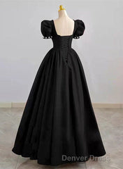Black Sweetheart Short Sleeves Beaded Party Dresses, A-Line Black Satin Prom Dresses