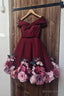 Off Shoulder 3D Flowers Burgundy Homecoming Dress, Short Prom Dress, With Appliques Off Shoulder Burgundy Graduation Dress Prom Dresses