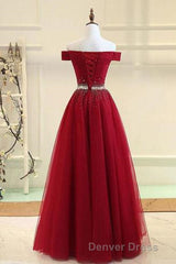 Off Shoulders Red Tulle Floor Length Prom Dresses