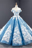 Off the Shoulder Blue and White Ball Gown