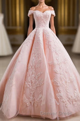 Gorgeous Pink Off The Shoulder Ball Gown Prom Dresses With Appliques