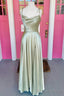 Open Back Sage Satin Long Prom Dress With High Slit Long Sage Prom Dresses